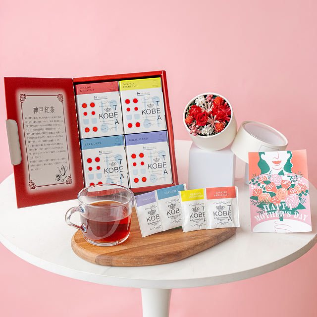 母の日】神戸紅茶「生紅茶 4種詰め合わせ」とプリザーブドフラワー